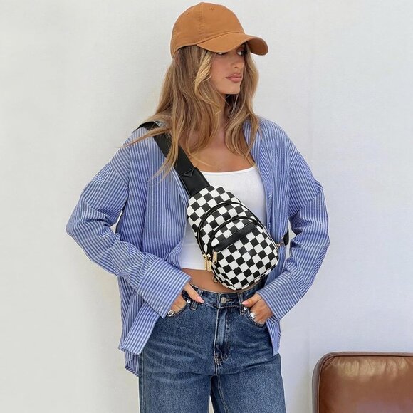 Women Checkered Black Imported PU Leather Small Crossbody Chest Sling Travel Bag - Picture 2 of 8